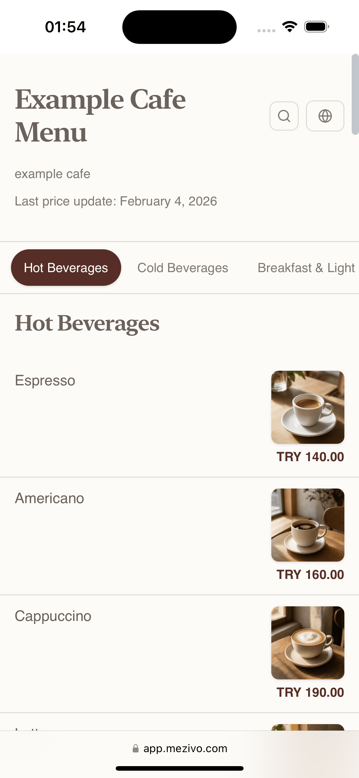Vista previa del menú QR de Mezivo en la pantalla de un teléfono, con el menú de Bebidas Calientes de una cafetería con fotos y precios