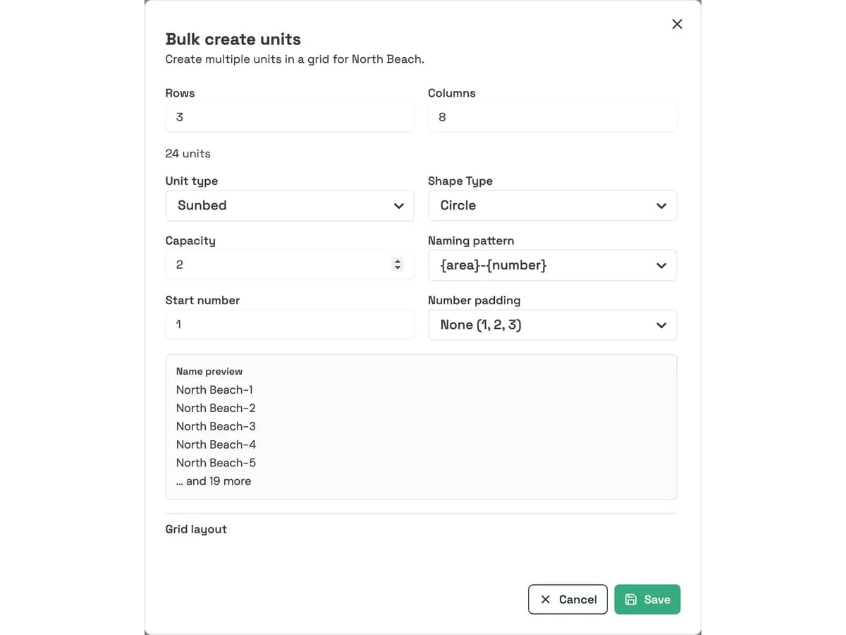 Bulk-creating sunbeds by rows and columns in the plan editor