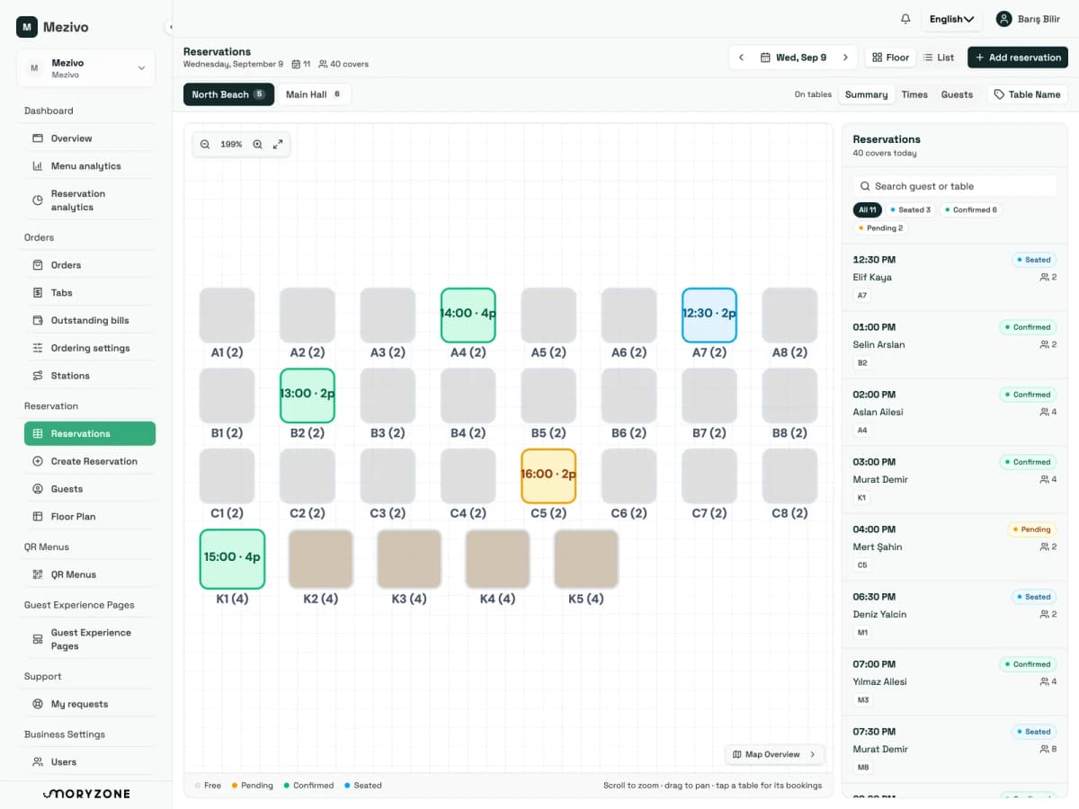 The beach plan in the Mezivo staff panel with the day's bookings beside it