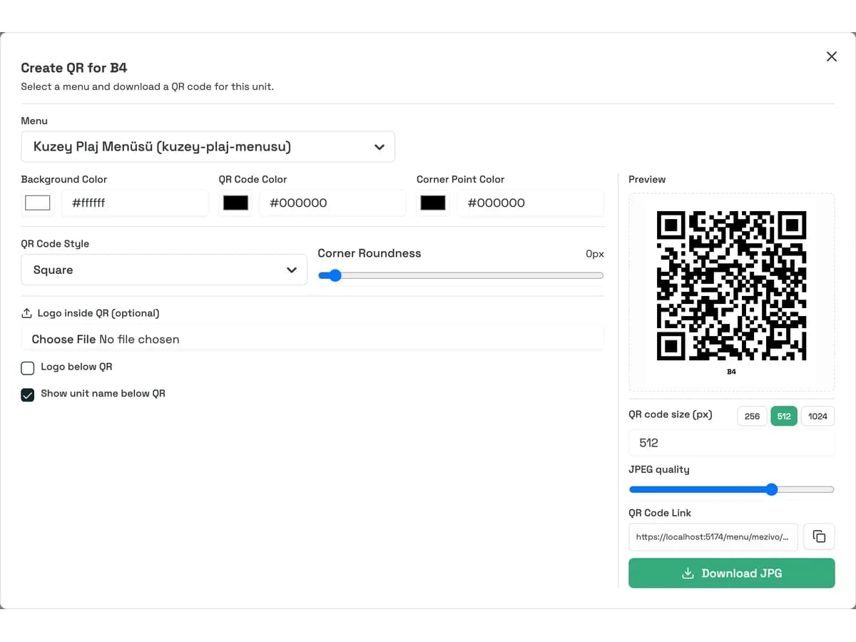 Branded QR code export for a single sunbed