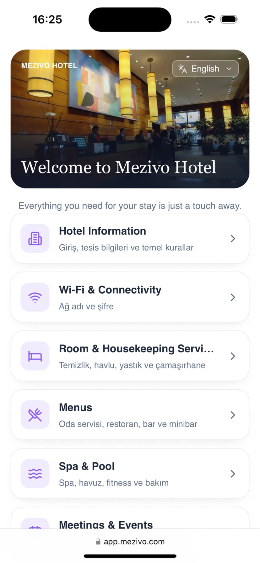 Hub hôtelier Mezivo sur mobile : rubriques informations, Wi-Fi, ménage, menus et spa
