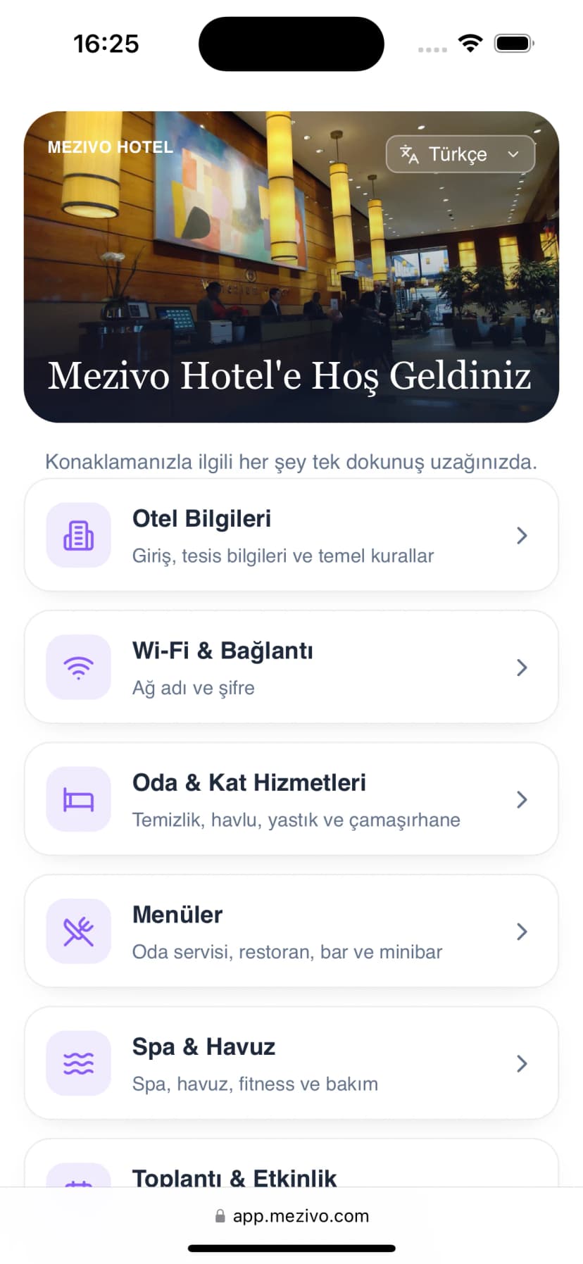 Telefonda Mezivo kart görünümü: otel bilgileri, Wi-Fi, kat hizmetleri, menüler ve spa bölümleri