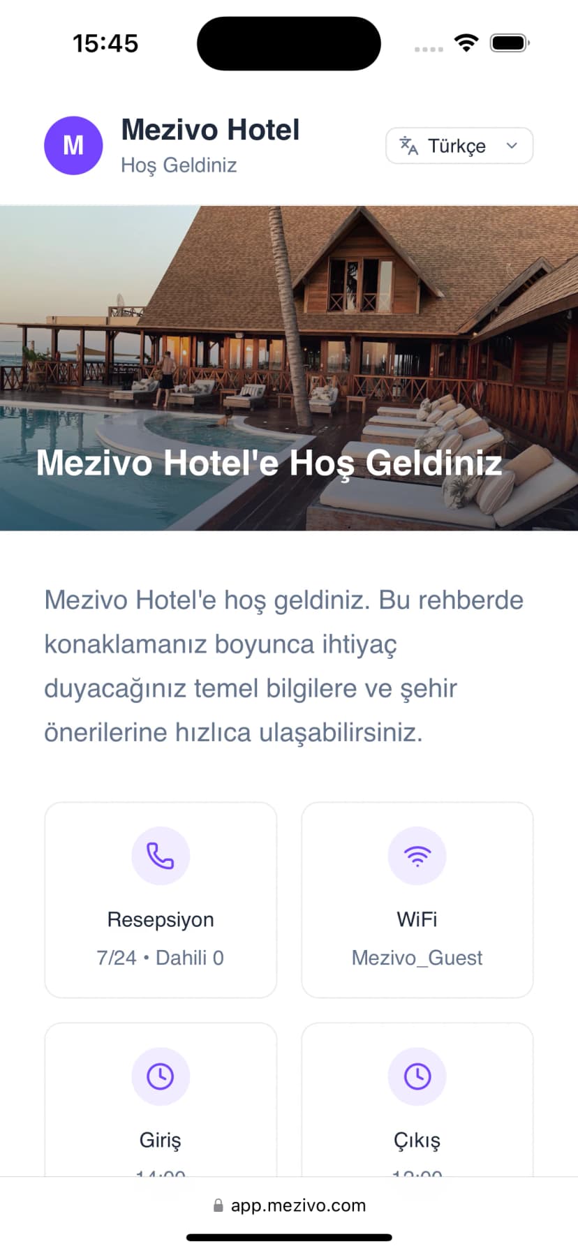 Telefonda Mezivo misafir sayfası: otel karşılama görselinin altında resepsiyon, Wi-Fi ve giriş-çıkış bilgileri