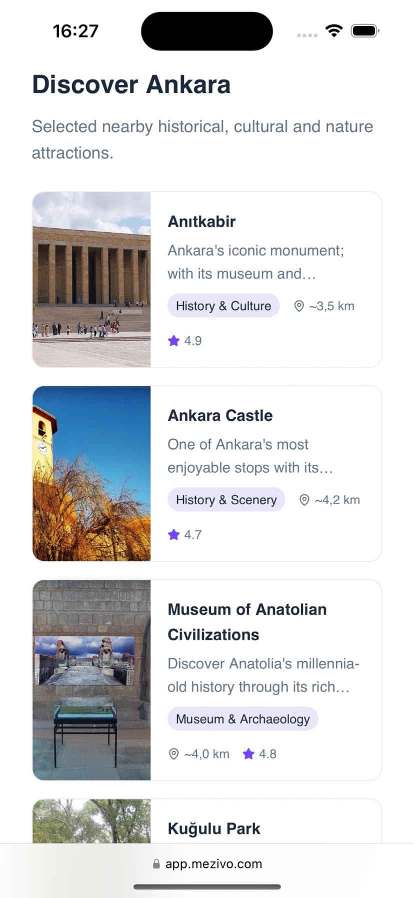 Guide des environs Mezivo sur mobile : fiches Anıtkabir, château d’Ankara et musée des Civilisations anatoliennes, avec distance et note