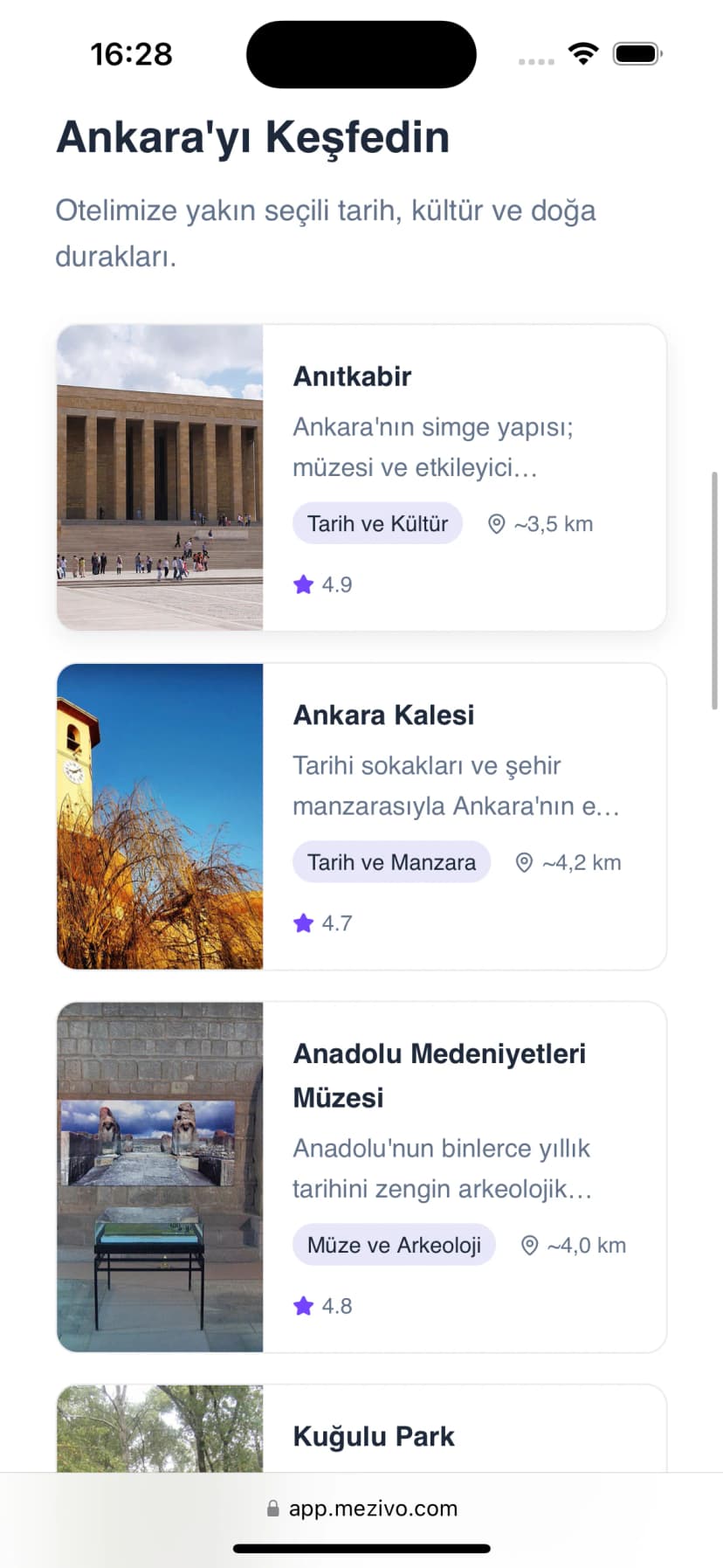 Telefonda Mezivo çevre rehberi: Anıtkabir, Ankara Kalesi ve Anadolu Medeniyetleri Müzesi için mesafe ve puan bilgisi içeren kartlar