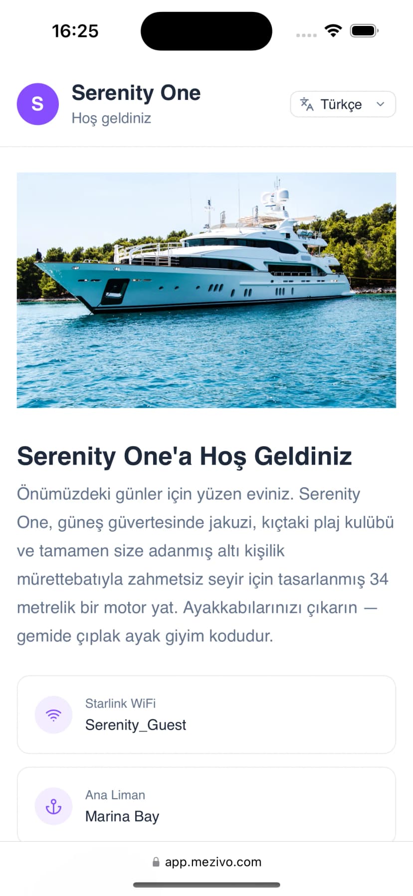 Telefonda Mezivo yat sayfası: Serenity One karşılama metni, Starlink Wi-Fi ve bağlama limanı bilgileri