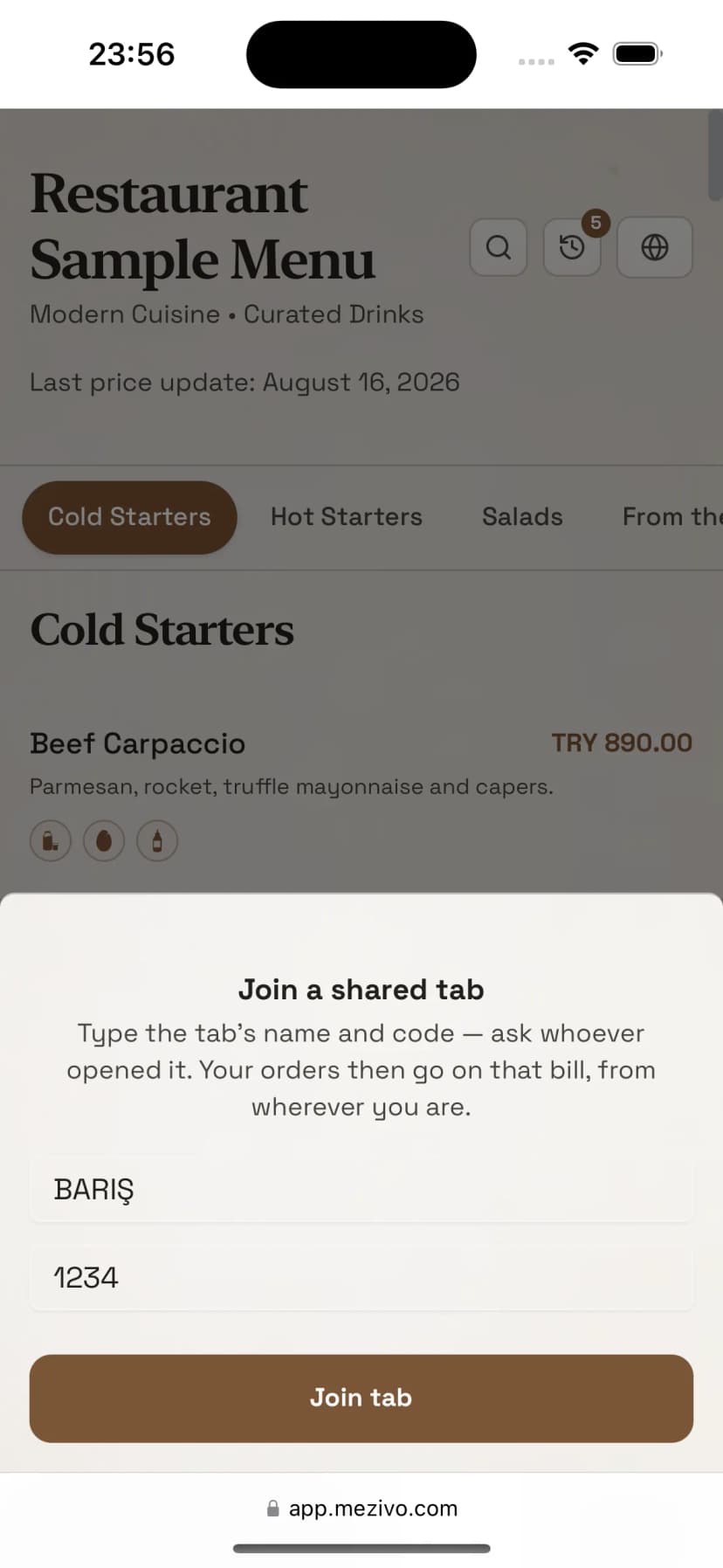 Join a shared tab screen: tab name and code