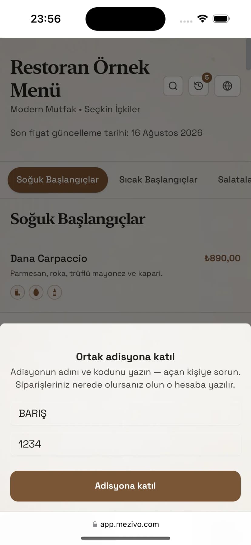 Ortak hesaba katılma ekranı: hesap adı ve kod