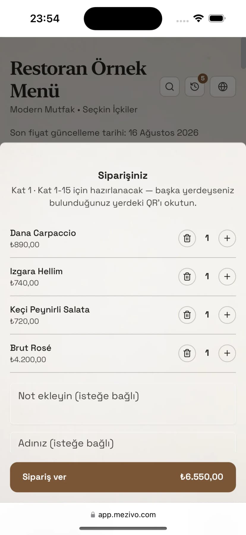 Mezivo QR Menü üzerinde sepete eklenmiş ürünler