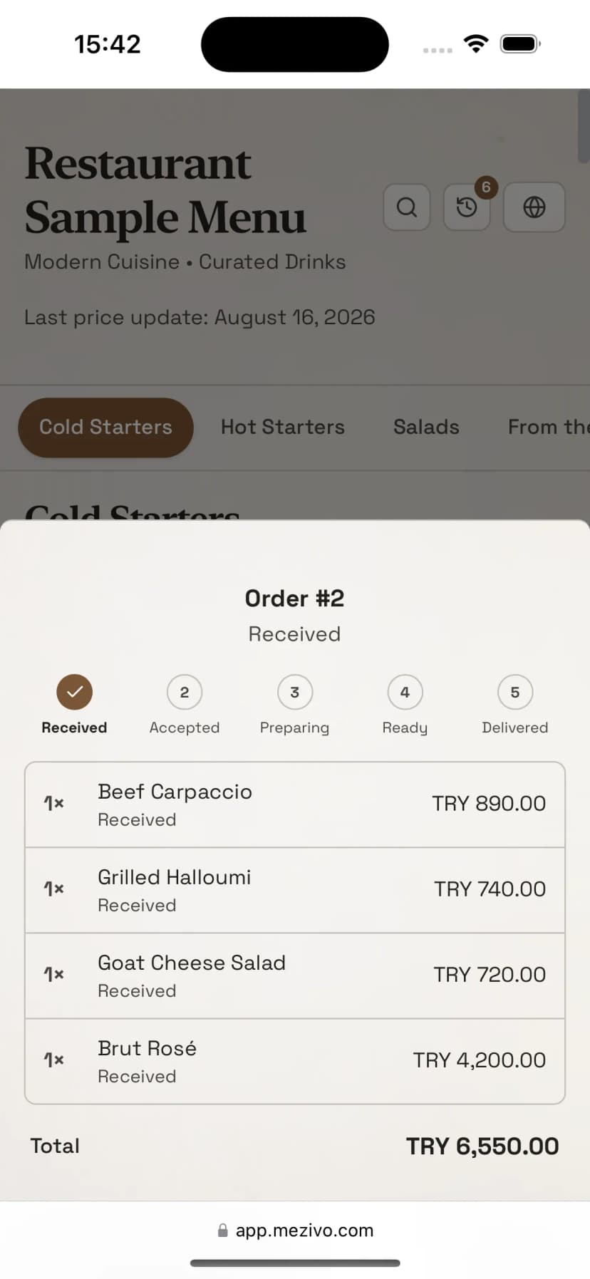 Order status on the guest's phone