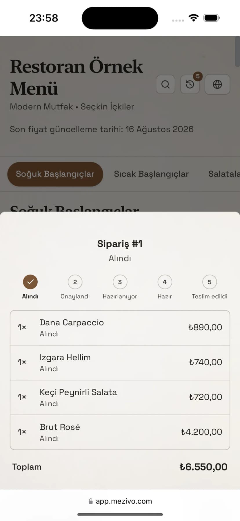 Misafirin telefonunda sipariş durumu