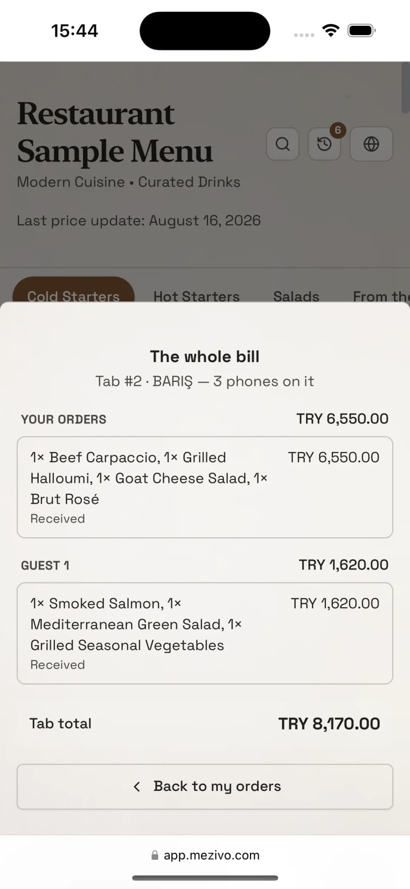 Shared tab screen: items and total