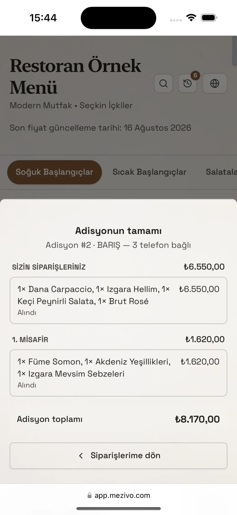 Ortak hesap ekranı: kalemler ve toplam