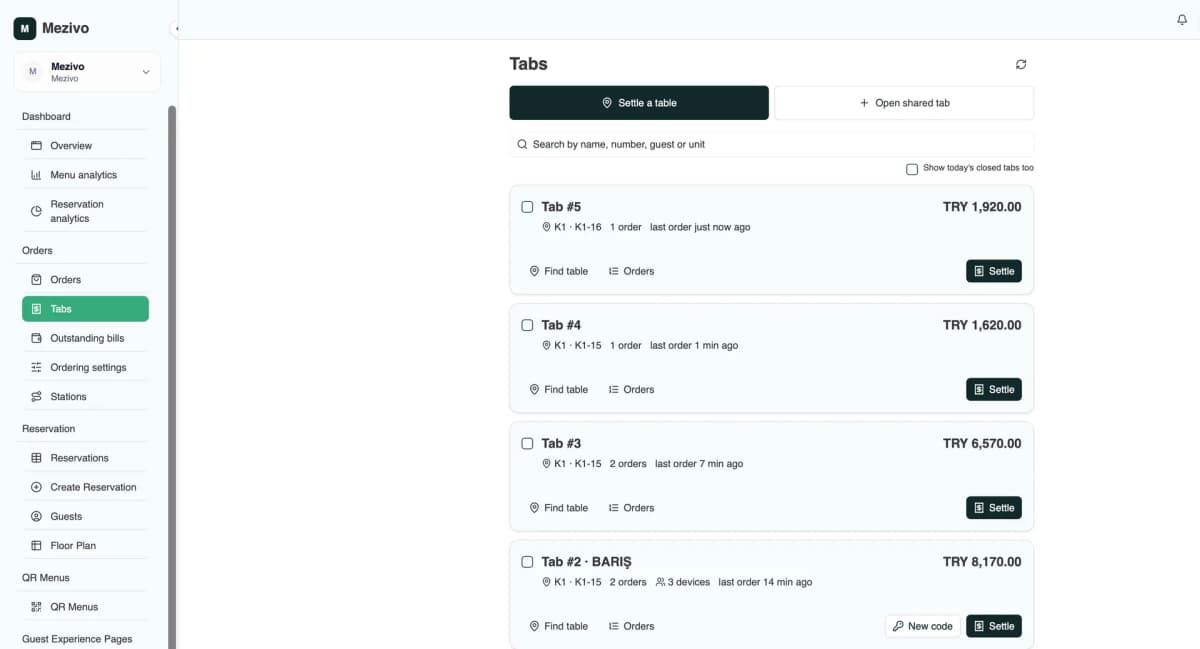 The Mezivo tabs and settlement screen