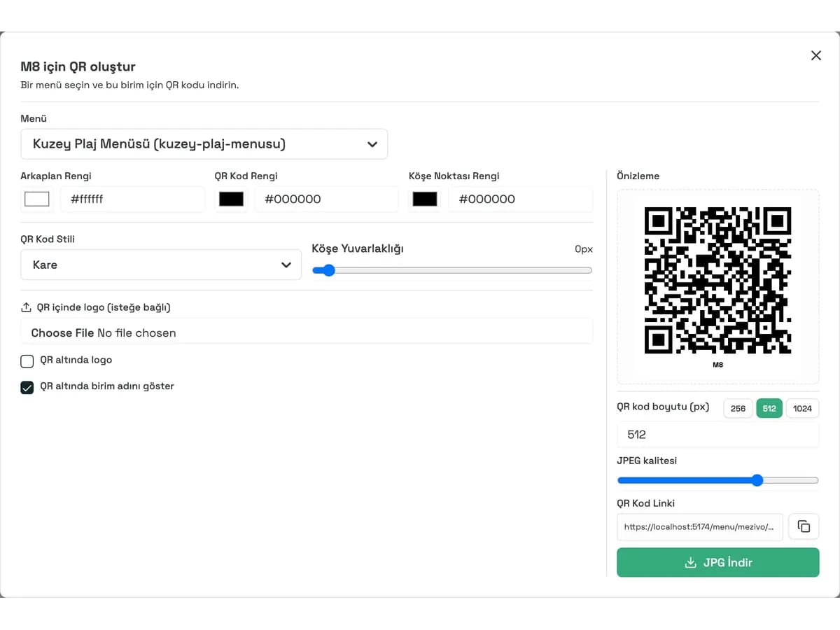 Bir masa için markalı QR kod dışa aktarma ekranı